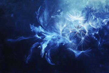 Faint Blue Dandelion Bloom with Floating Seeds in a Serene Spring Background