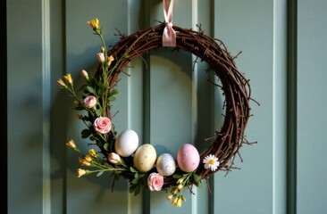 Wreath of branches on the blue background with colorful easter eggs and flowers. Home and interior Easter decoration.