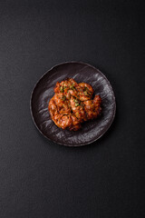 Grilled chicken fillet with garlic sauce, hot pepper