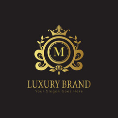 Letter luxury gold logo concept brand logo design with a royal gold crown emblem and elegant typography
