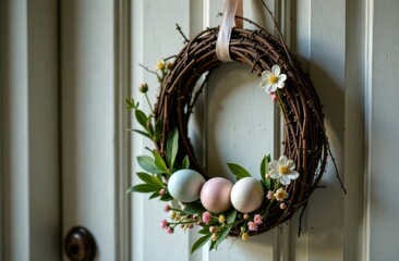 Wreath of branches on the door background with colorful easter eggs and flowers. Home and interior Easter decoration.