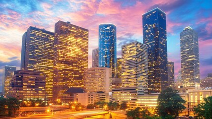 Obraz premium Stunning Cityscape at Sunset Golden Hour Skyscrapers Night View