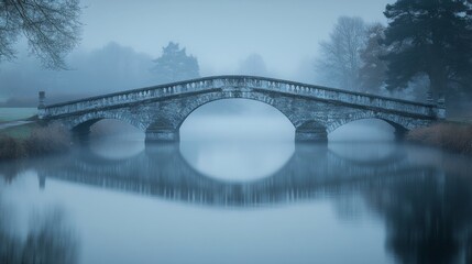 Serene stone bridge shrouded in morning mist reflecting in quiet waters of tranquil park