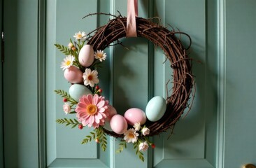 Wreath of branches on the blue background with colorful easter eggs and flowers. Home and interior Easter decoration.