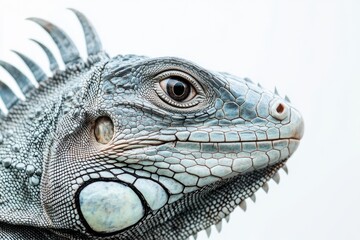 Fototapeta premium Closeup of a Majestic Iguana with Striking Eyes and Long Tail Isolated on White Background
