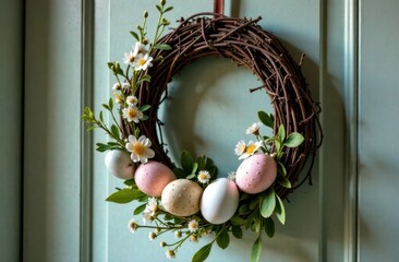 Wreath of branches on the blue background with colorful easter eggs and flowers. Home and interior Easter decoration.