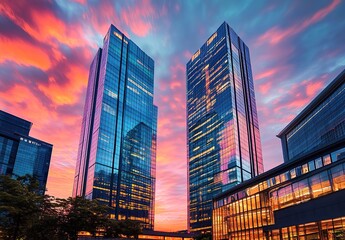 Fototapeta premium Cinematic photograph of tall glass skyscrapers with a blue and pink sky at sunset, taken from a low angle with a wide-angle lens. 