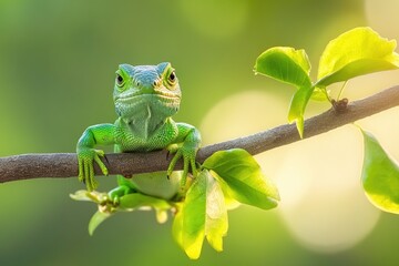 Obraz premium Close-Up of a Beautiful Green Iguana Perched on a Bright Tree Branch with Vibrant Colors in the Background
