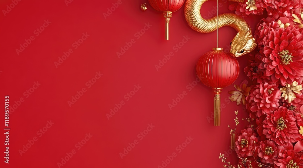 Wall mural 3d rendering of a chinese new year red background with a golden snake and lanterns hanging on the ri