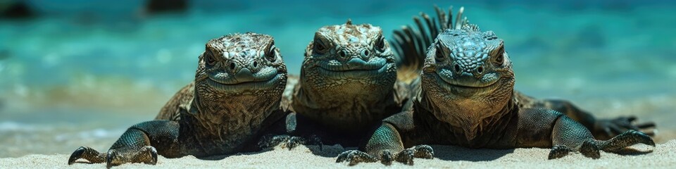 Fototapeta premium Tranquil Beach Scene with Galapagos Marine Iguanas Soaking in the Sun on Isabela Island, Showcasing Stunning Wildlife and Ocean Views