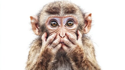 a close up of a monkey covering its mouth