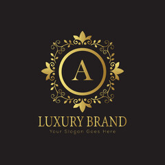 Letter luxury gold logo concept brand logo design with a royal gold crown emblem and elegant typography

