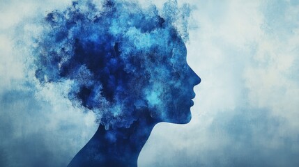 Woman's Profile, Blue Abstract, Watercolor, Sad, Thoughtful