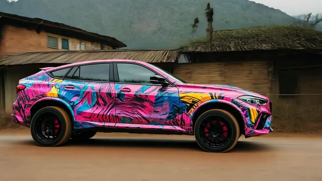 Colorful car wrapped in vibrant tropical design parked near rustic village houses in mountainous area