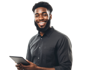 Smiling Business Professional Holding a Tablet - Confident and Successful Person , isolated on white background PNG