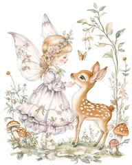 whimsical fairy girl with delicate wings interacts with gentle fawn serene forest setting. Surrounded by flowers, mushrooms, and butterflies, this enchanting scene evokes sense of magic and wonder