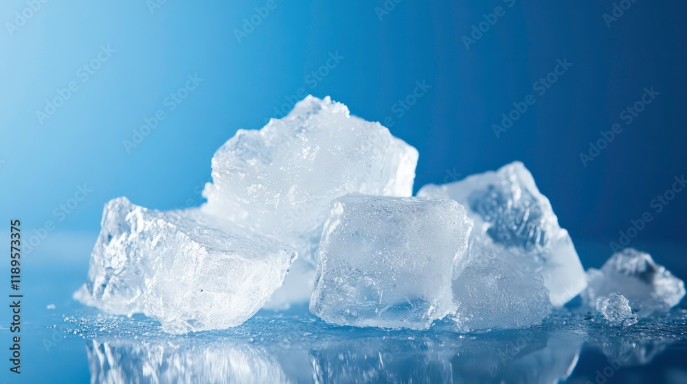 Aufkleber close-up of several translucent ice cubes on a reflective surface against a blue backdrop.