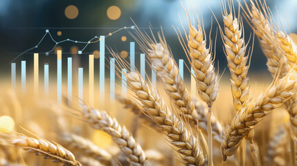 Close-Up of Golden Wheat Stalks Ready for Harvest, with a Blurred Bar Chart in the Background Reflecting the Growth of Global Cereal Production