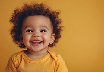 Cute, happy baby smiling and looking at the camera, isolated on a yellow background. Pastel
