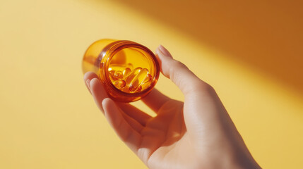 Wellness and health concept - female hand holding omega 3 capsule, vibrant yellow background