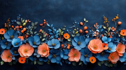 A vibrant floral arrangement featuring blue and coral flowers on a dark background.