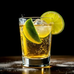 Golden Alcoholic Drink with Lime on Wood Table