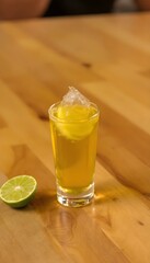 Fototapeta premium Golden Yellow Cocktail with Lime and Ice in Glass
