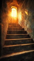 Stairway leading to bright light in a dimly lit space at dusk