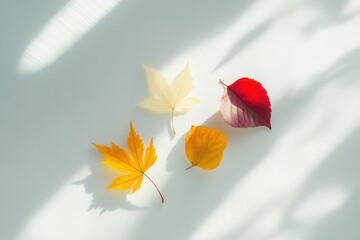 four autumn leaves on a white surface with shadows