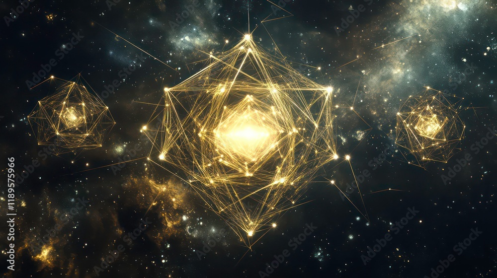 Poster golden geometric shapes in a cosmic nebula.