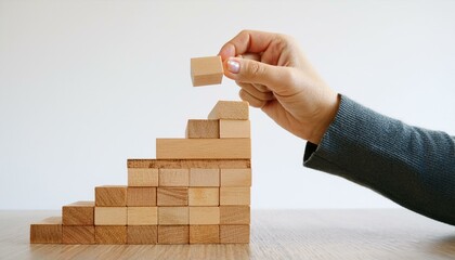 A hand lifts the last block as a precariously stacked wooden block tower is in danger of collapsing.
