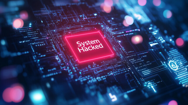 A glowing red "System Hacked" alert on a computer screen, surrounded by dark, futuristic visuals of a compromised network with binary code and warning icons, symbolizing cybercrime