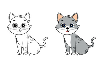 A Cute Grey Cat isolated black and white outline with colour guide for coloring book