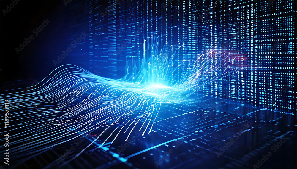 Poster abstract digital data streams flow across a glowing blue screen, creating a dynamic visual of techno