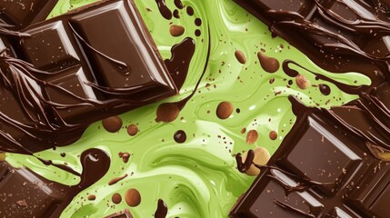 Trend Dubai chocolate with pistachio nut paste and kataifi doug. Trendy cocoa spread dessert texture background