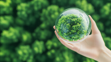 A vibrant green forest viewed from above, with a translucent globe overlay emphasizing environmental conservation, renewable energy, and carbon emission reduction for a sustainable