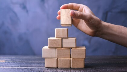 A hand lifts the last block as a precariously stacked wooden block tower is in danger of collapsing.