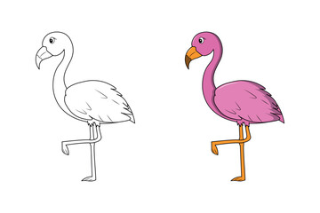 A Pink Cute Flamingo isolated black and white outline with colour guide for coloring book