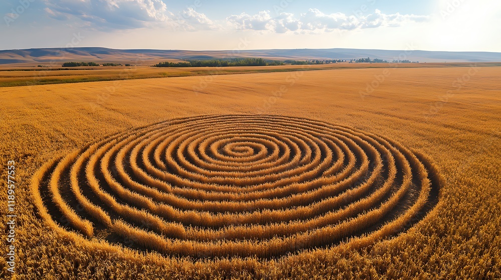 Wall mural aerial view of a spiral crop circle in a golden wheat field under a partly cloudy sky.