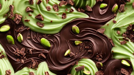 Trend Dubai chocolate with pistachio nut paste and kataifi doug. Trendy cocoa spread dessert texture background