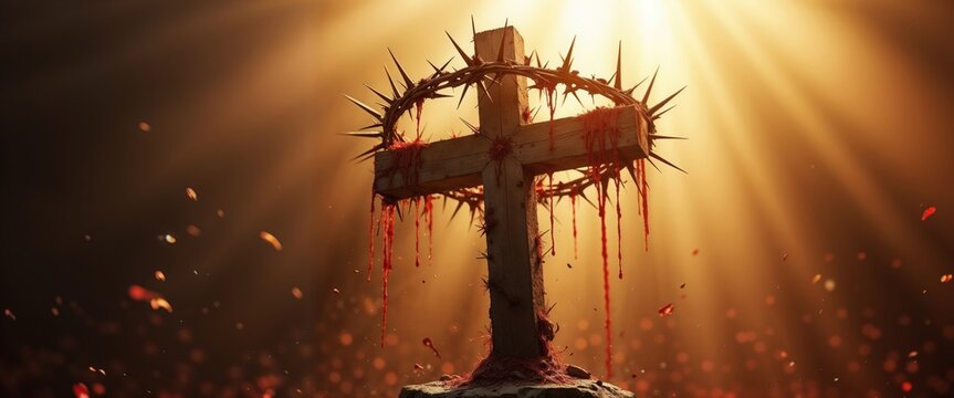 Wooden Cross with Crown of Thorns and Red Drops.Copy Space Banner for Religious Events, Easter Promotions, Church Announcements, Spiritual Retreats.Sacrifice and Redemption, Faith and Salvation, Spi

