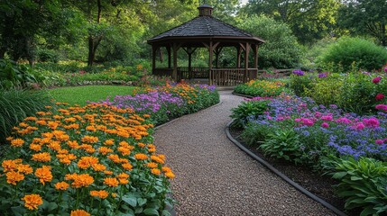 Vibrant flower garden with gazebo and winding pathway in a peaceful setting