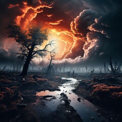 3d illustration of a fantasy landscape with forest and the moon