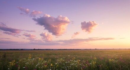 Beautiful sunset sky over a field of flowers.