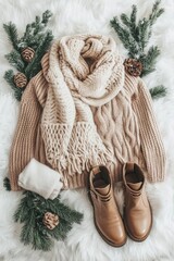 Flatlay of a beige knit sweater, scarf, boots, and hat surrounded by pine branches and pinecones on a fluffy white background