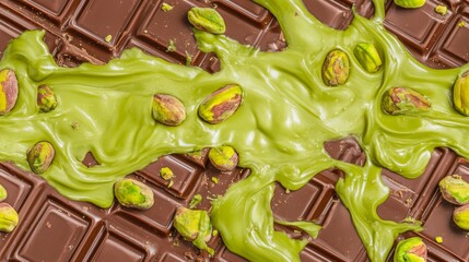 Trend Dubai chocolate with pistachio nut paste and kataifi doug. Trendy cocoa spread dessert texture background