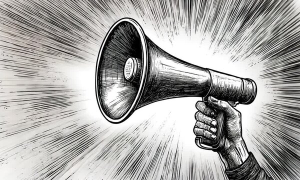 Black and white drawing of a hand holding a megaphone
