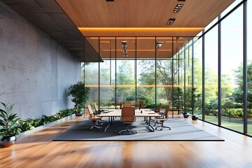 Contemporary office boardroom with large windows and wooden floors. 3D Rendering, Generative Ai