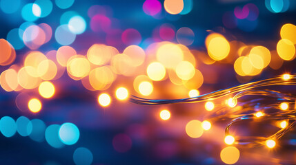 Glowing data center servers with fiber optic connections and bokeh lights