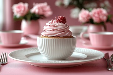 Independence Day party decorations: A top-down view of the setup, which includes a plate, cutlery, cup, napkin, shimmering stars, confetti, and the national flag. The design has a pastel pink